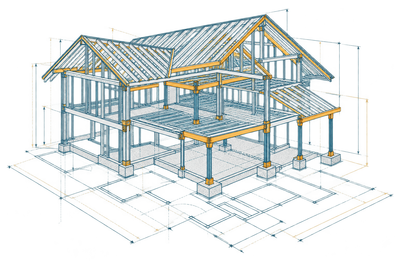 Conceptual structural drawing showing house framing, beams and footings